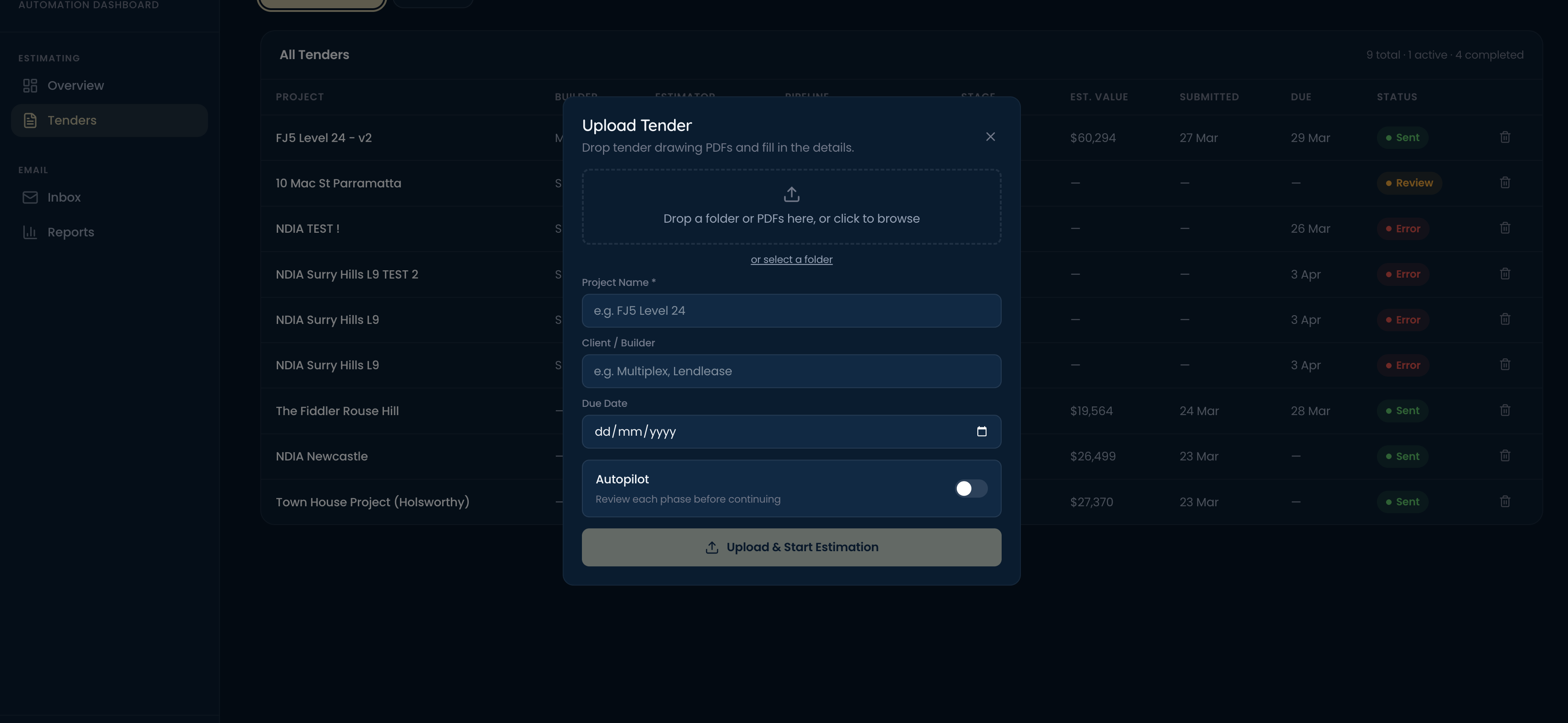 Tender estimation dashboard